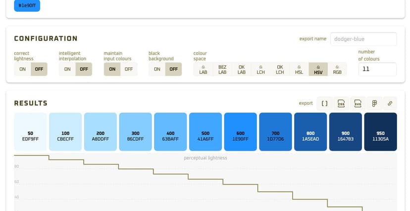 Imagem da ferramenta de cores com 'dodgerblue' como única entrada. A saída mostra 11 amostras de cores, todas em diferentes tons de azul, do mais claro ao mais escuro.