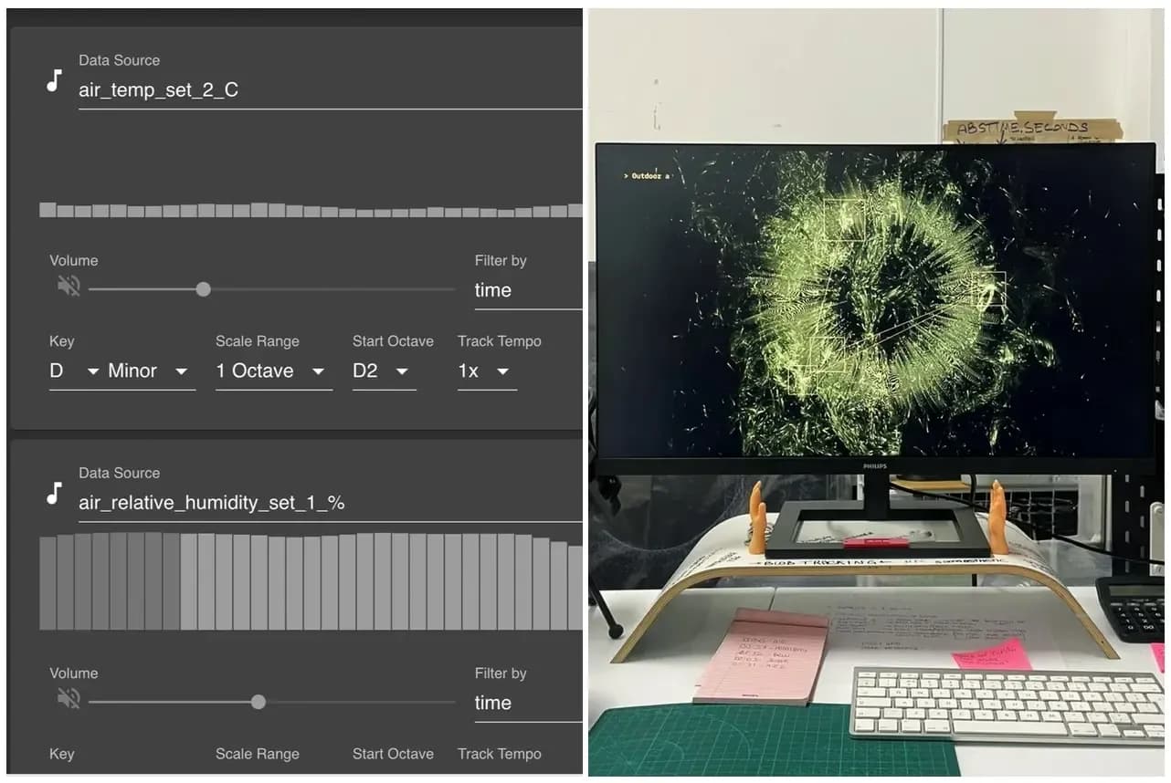 a imagem mostra do lado esquerdo a interface do programa que foi usado para gerar os sons. do lado direito há um monitor com uma cena do projeto final.