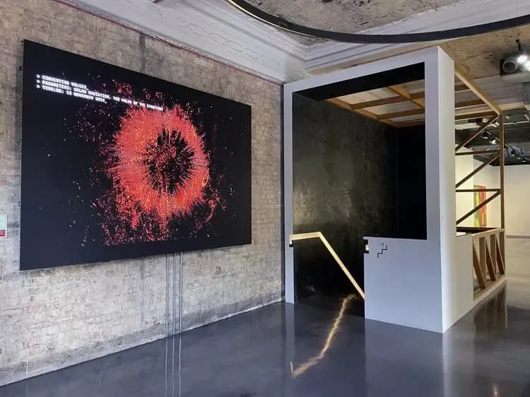 uma foto da instalação presencial, mostrando uma tela display em uma parede, com outra cena do projeto em cor vermelha