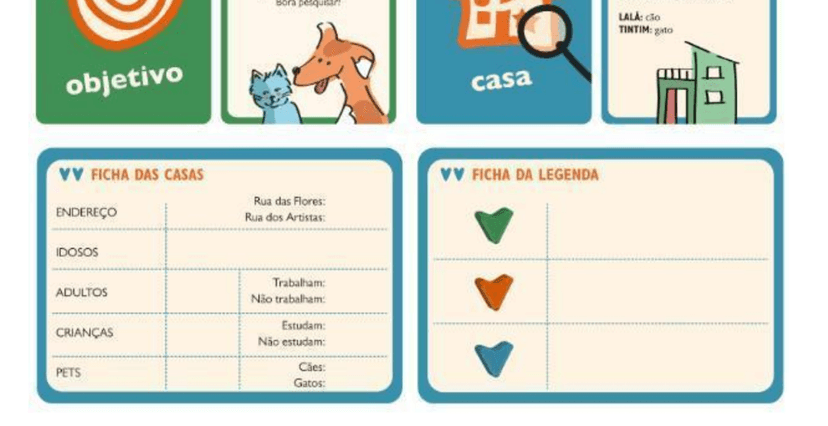 Layout final das cartas de objetivos; cartas de casa; fichas de casa e legenda; e peças.